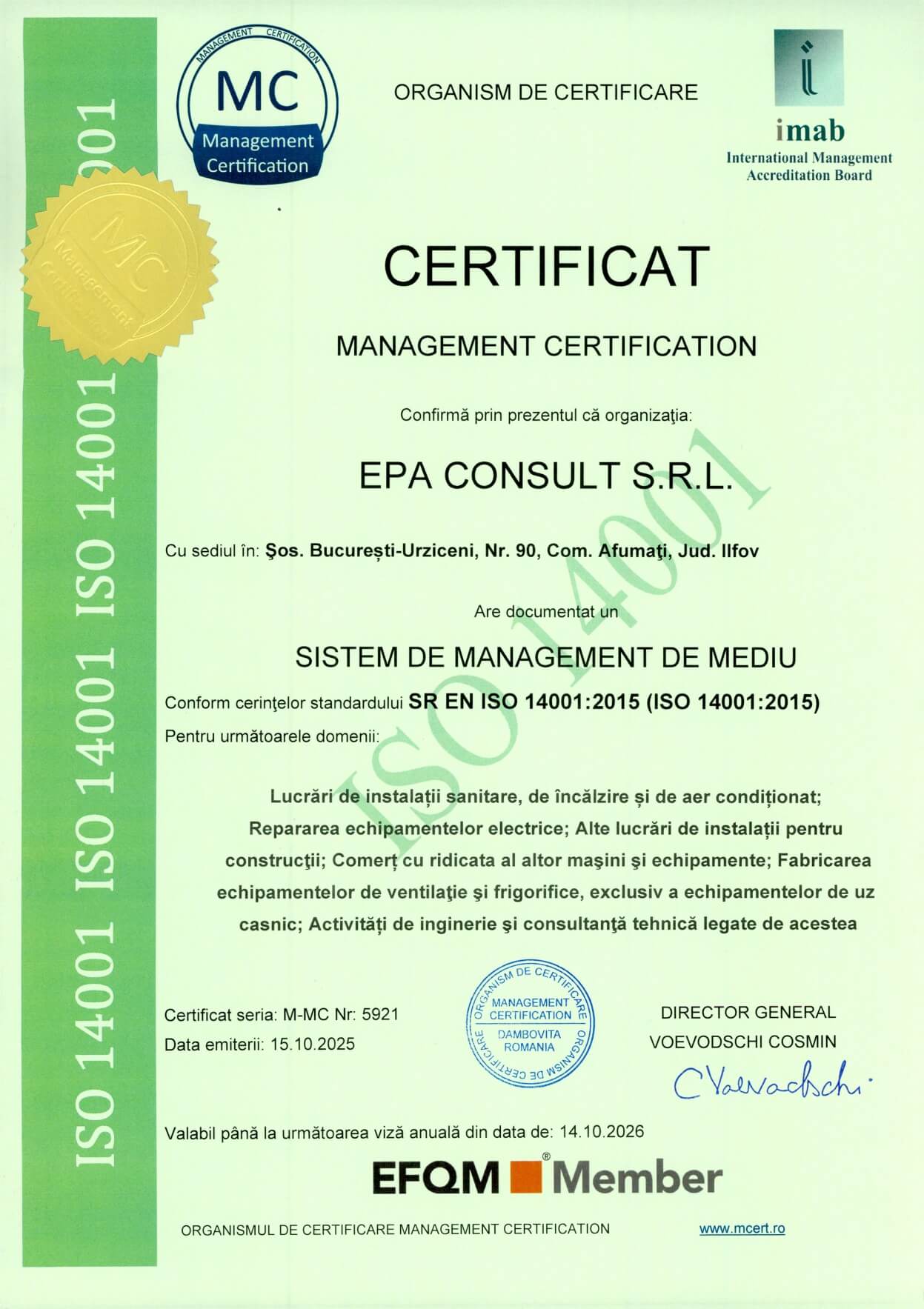 Certificat ISO 14001 EPA Consult